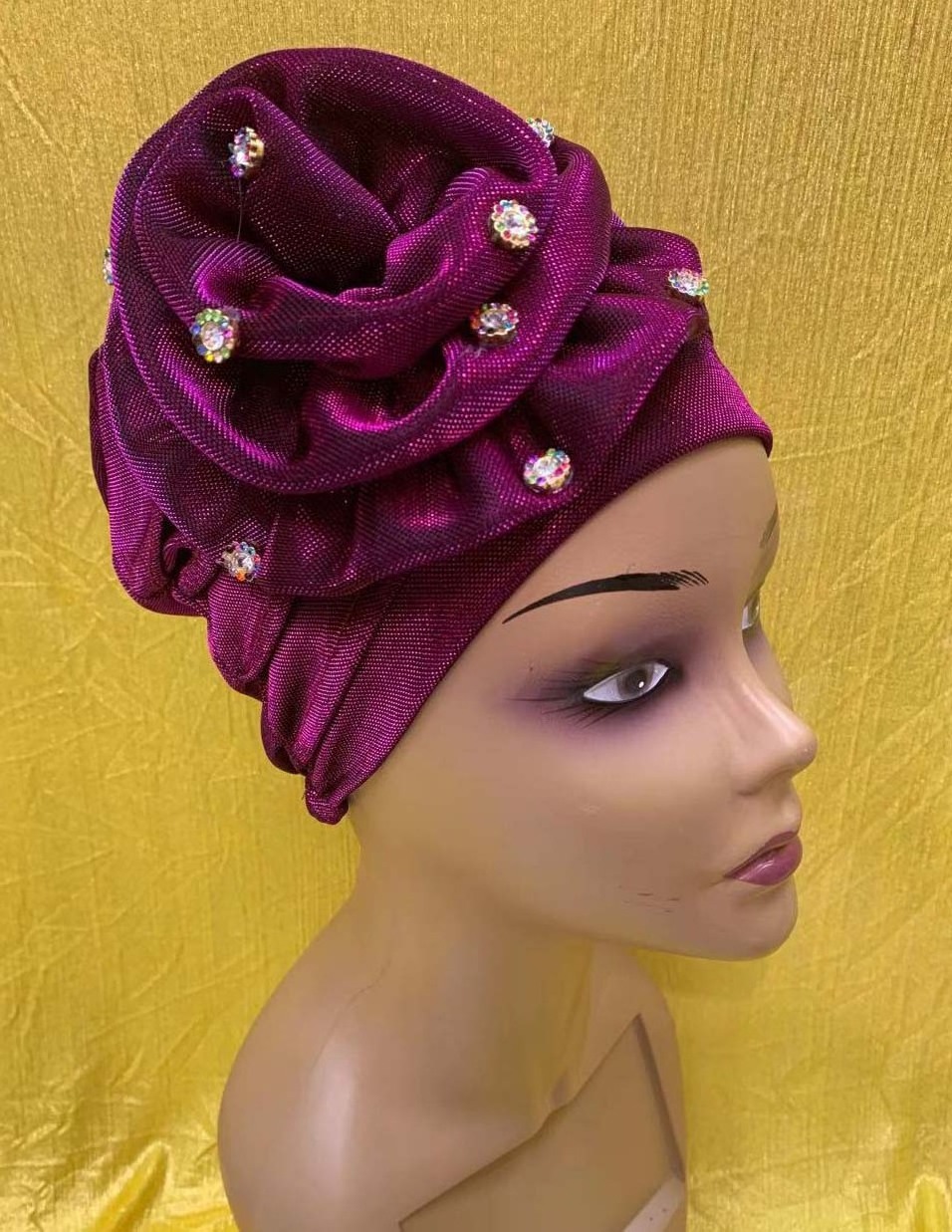 Nigerian coffee brown aso oke gele with beads African Ready To Make Aso Oke Auto Gele