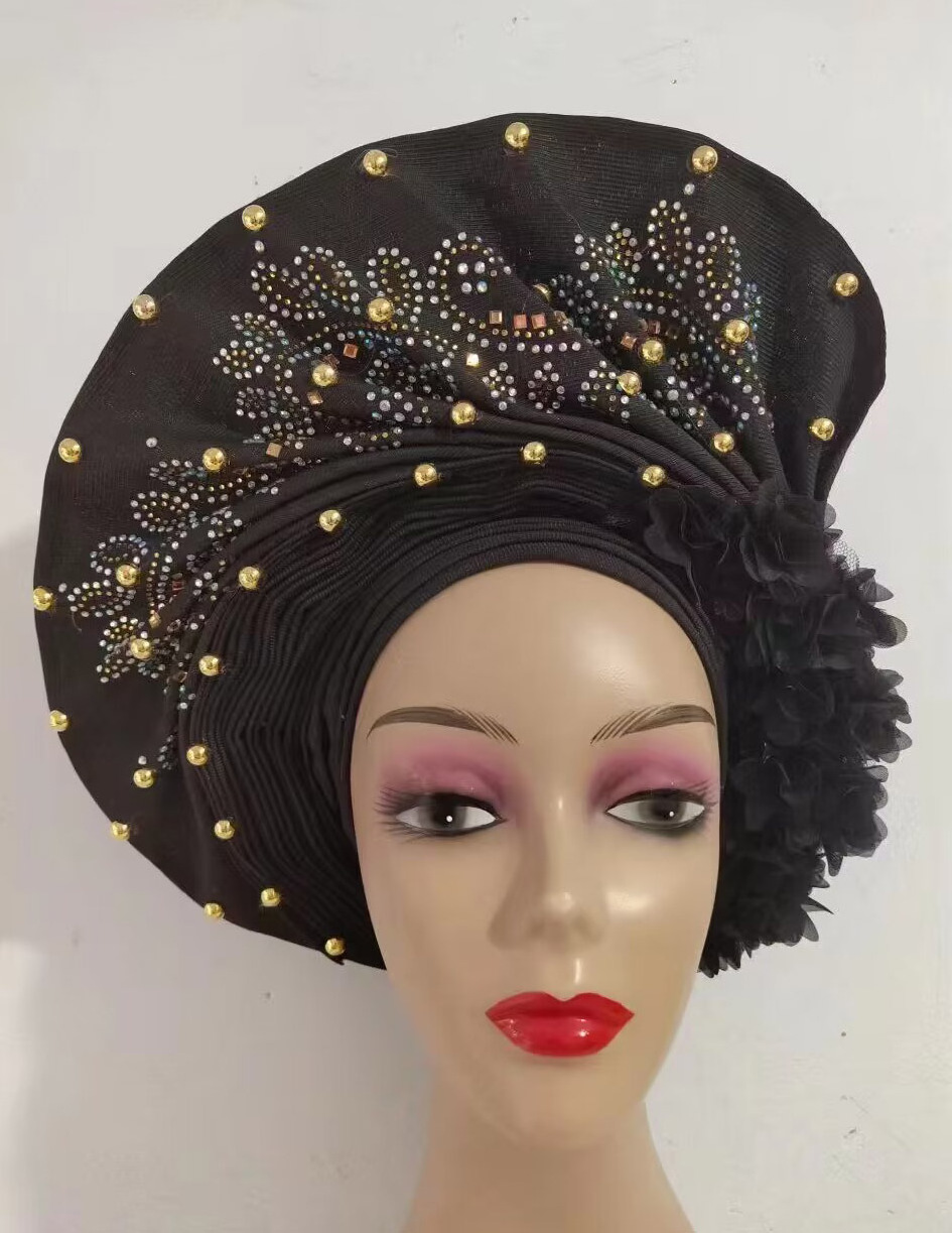 Nigerian 3d flowers Auto Gele Aso Oke Headtie Wedding Aso Ebi Ready To Wear beaded stones Headtie Gele