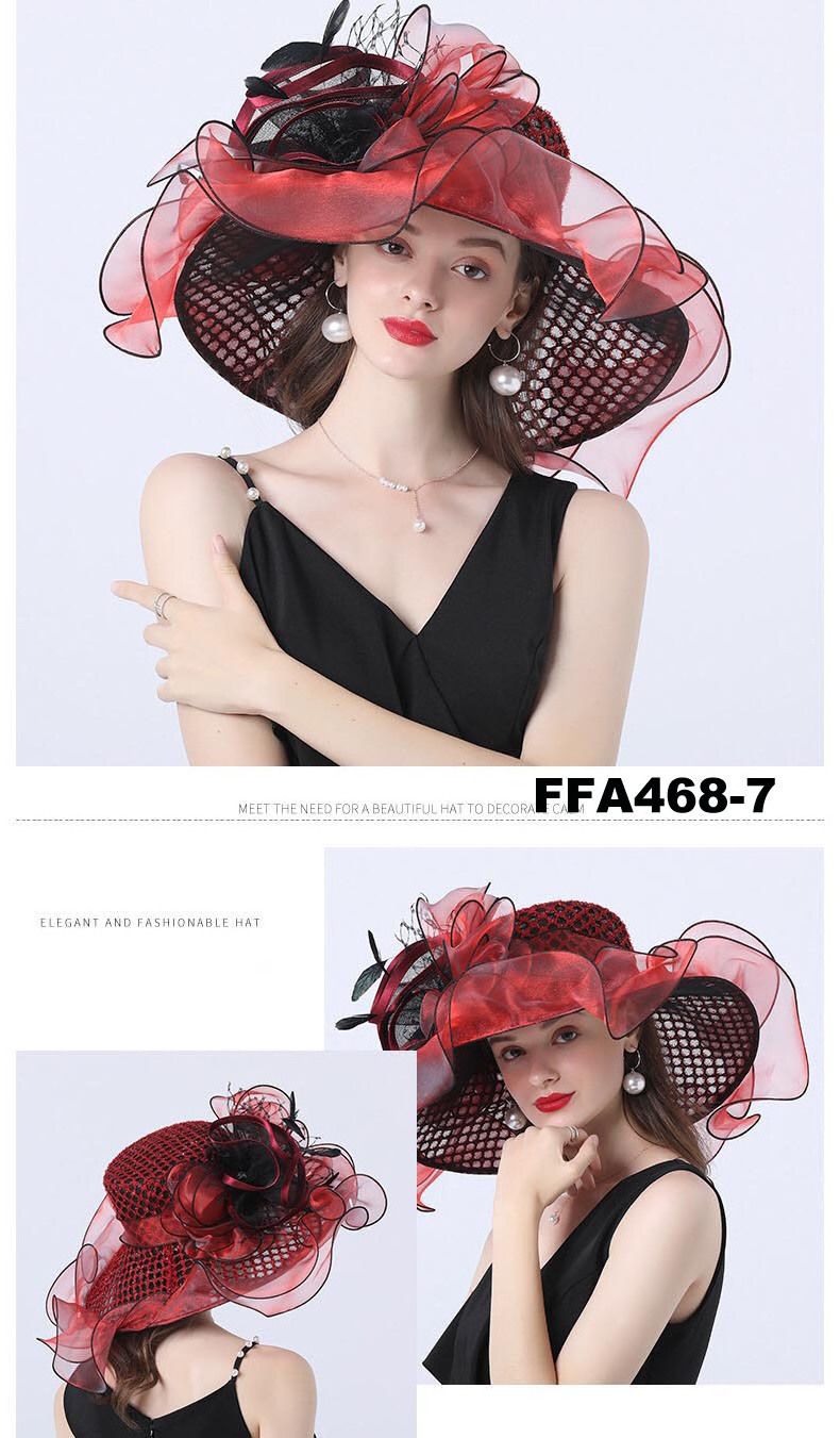 wholesale fashion Women sun hat Ruffles wide brim Kentucky Derby Organza white Church wedding Party hat with big flower