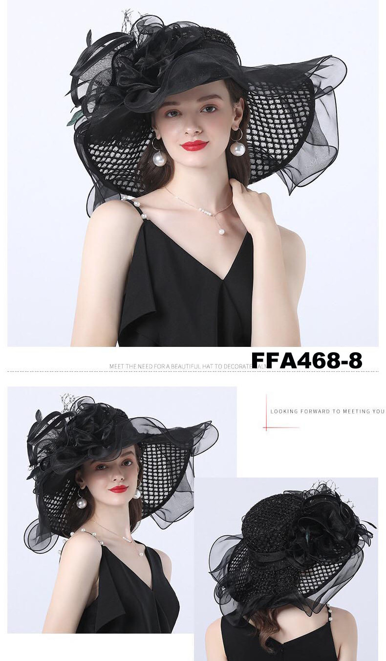 wholesale fashion Women sun hat Ruffles wide brim Kentucky Derby Organza white Church wedding Party hat with big flower