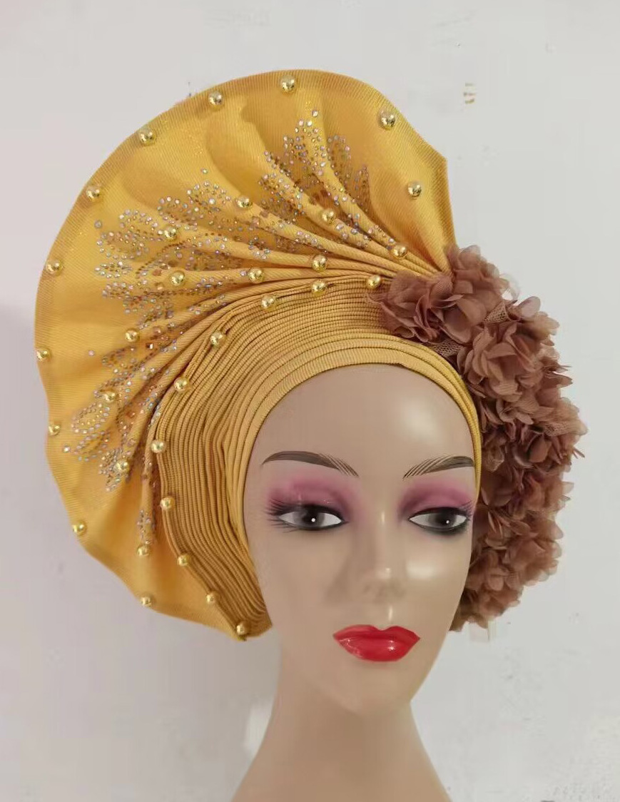 Nigerian 3d flowers Auto Gele Aso Oke Headtie Wedding Aso Ebi Ready To Wear beaded stones Headtie Gele