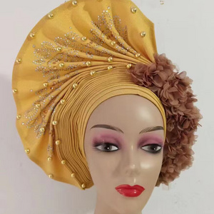 Nigerian 3d flowers Auto Gele Aso Oke Headtie Wedding Aso Ebi Ready To Wear beaded stones Headtie Gele