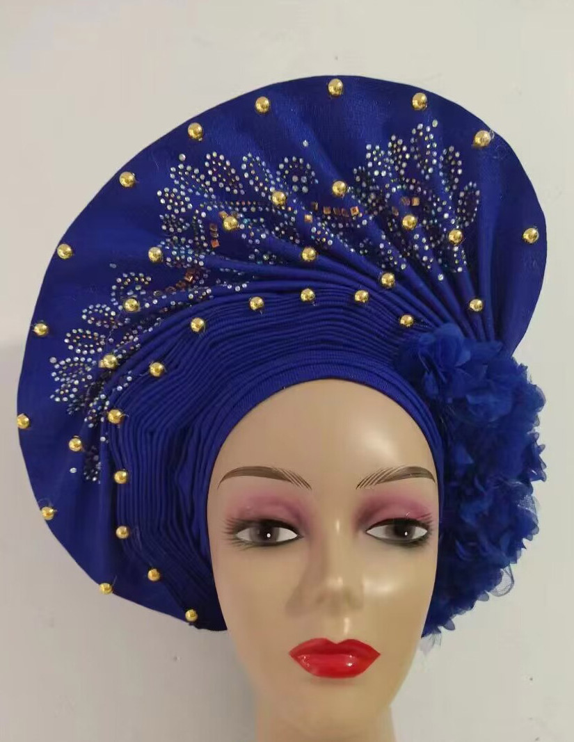 Nigerian 3d flowers Auto Gele Aso Oke Headtie Wedding Aso Ebi Ready To Wear beaded stones Headtie Gele