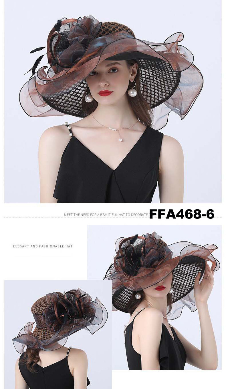 wholesale fashion Women sun hat Ruffles wide brim Kentucky Derby Organza white Church wedding Party hat with big flower