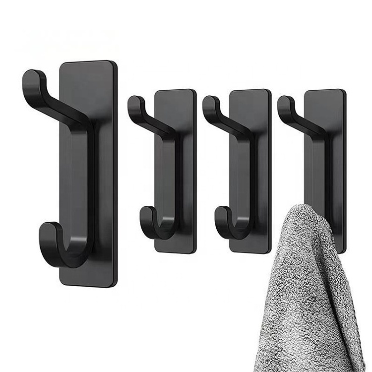 Adhesive Wall Hooks Self Adhesive Steel Wall Double Hook Coat Rack Sticky Door Hanger Wall Mounted Bathroom Double Hook