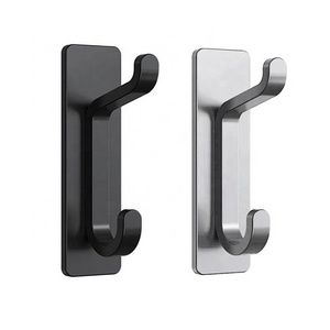 Adhesive Wall Hooks Self Adhesive Steel Wall Double Hook Coat Rack Sticky Door Hanger Wall Mounted Bathroom Double Hook