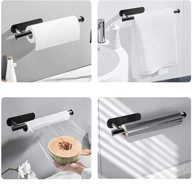 No Drilling Adhesive Stainless Steel  Matte Black Bathroom Kitchen Towel Rack Hanging Holder Door Black Towel Rack For Kitchen