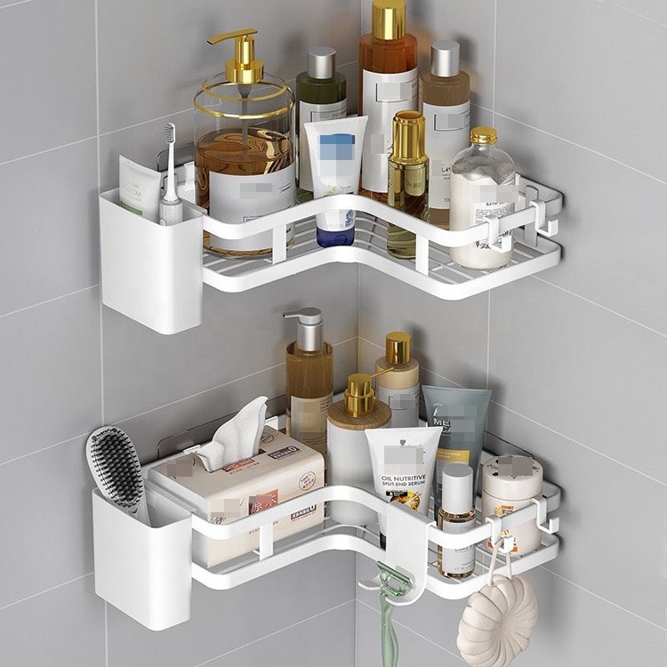 No Drilling Wall Mounted Metal Bathroom Organizer Adhesive Corner Shower Caddy With Plastic Cup