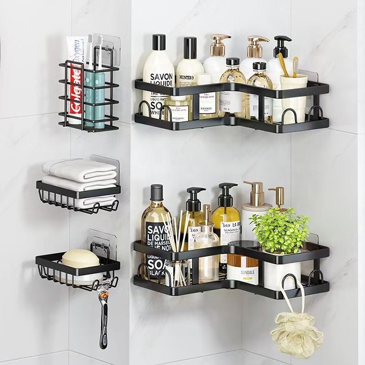 5pcs No Drilling Adhesive Corner Wall Mounted Black Bathroom Shelves Shower Caddy Shower Caddy Storage Rack Wall Bathroom Shelve