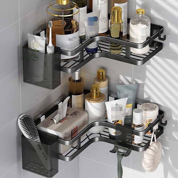 No Drilling Wall Mounted Metal Bathroom Organizer Adhesive Corner Shower Caddy With Plastic Cup