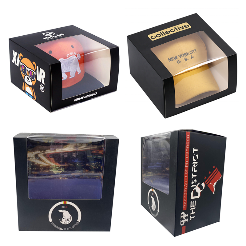 Wholesale Custom Logo Black Snapcap Baseball Hat Paper box Paper Cap Packaging Gift Boxes with Clear Window