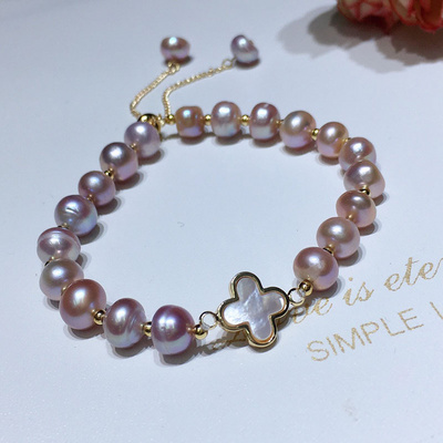 New Four Leaf Flower Clover Bracelets 7-8 MM Natural Freshwater Pearl Beads Tassel Women Girl Pearl Bracelet