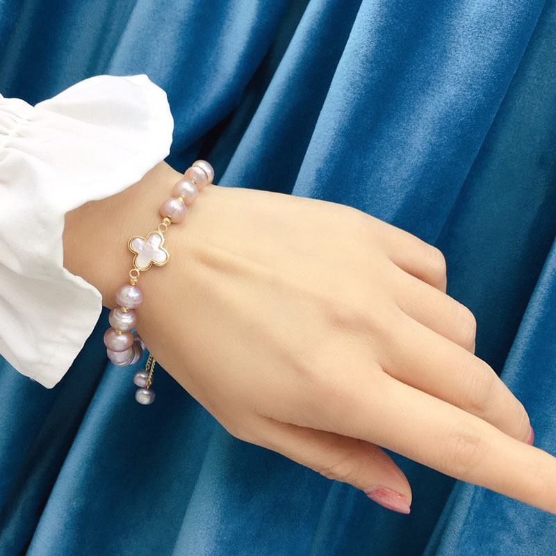 New Four Leaf Flower Clover Bracelets 7-8 MM Natural Freshwater Pearl Beads Tassel Women Girl Pearl Bracelet