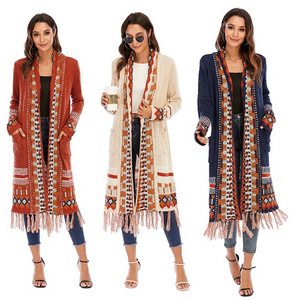 Women 2023 Spring New Fashion Long Sleeves Vintage Jacquard Casual  Patch Pocket Long Boho Cardigan