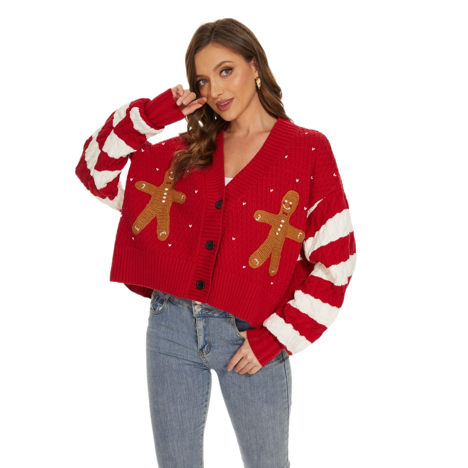 Women Fashion Long Sleeves Sweater Tops Wholesale Winter Oversize  V-Neck Embroidery Christmas Red short cardigan