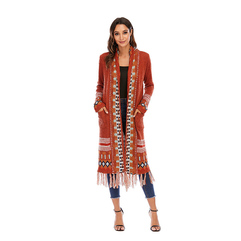 Women 2023 Spring New Fashion Long Sleeves Vintage Jacquard Casual  Patch Pocket Long Boho Cardigan