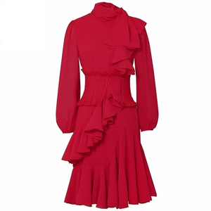 Women Fashion Bow Collar Long Sleeves Red Chiffon Party Dress