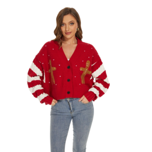 Women Fashion Long Sleeves Sweater Tops Wholesale Winter Oversize  V-Neck Embroidery Christmas Red short cardigan