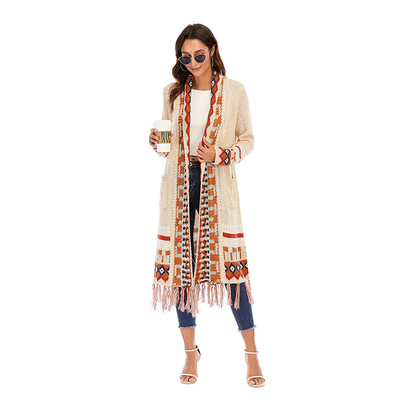 Women 2023 Spring New Fashion Long Sleeves Vintage Jacquard Casual  Patch Pocket Long Boho Cardigan