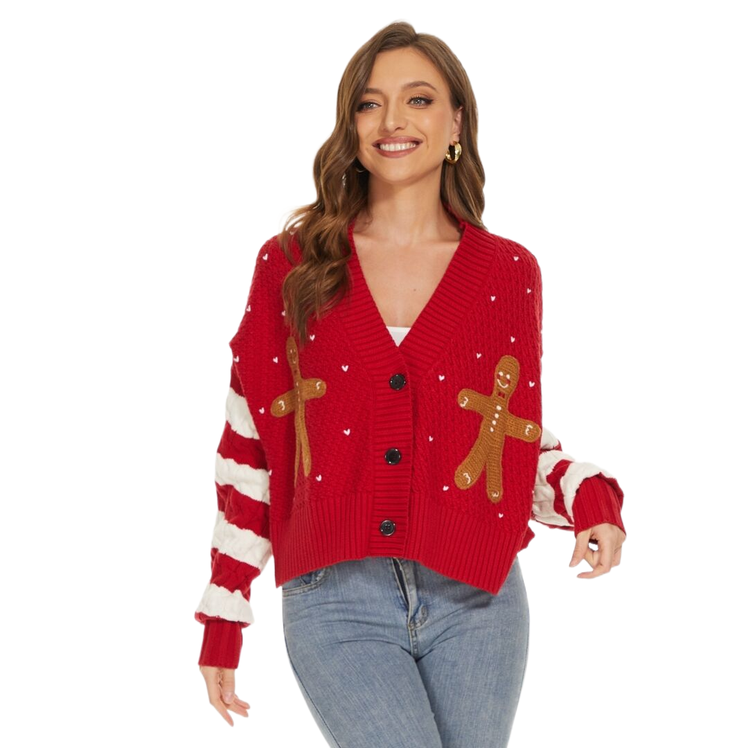 Women Fashion Long Sleeves Sweater Tops Wholesale Winter Oversize  V-Neck Embroidery Christmas Red short cardigan