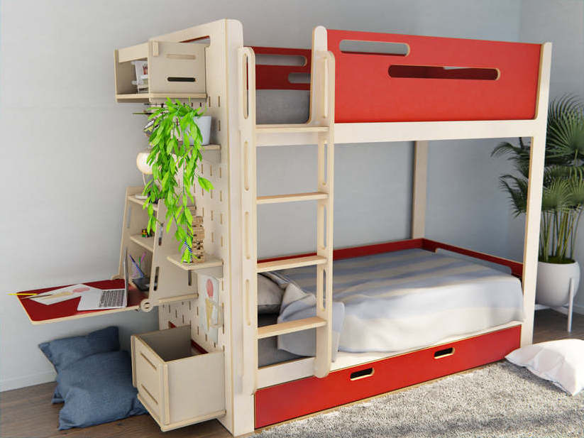 Children's Solid Wood Bunk Multifunctional High and Low Bed with Ladder and Storage Shelves Modern Kids Bedroom Furniture