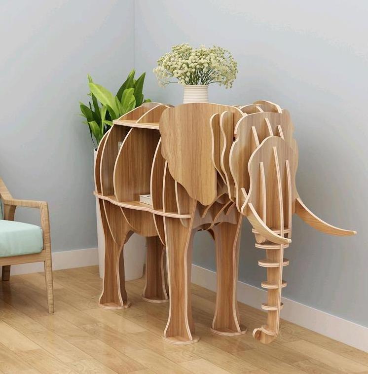 Nordic DIY Wood Elephant Shape Floor Stand Bookshelf Creative Wood Home Decor Plywood Craft 3D Decoration Storage Shelf