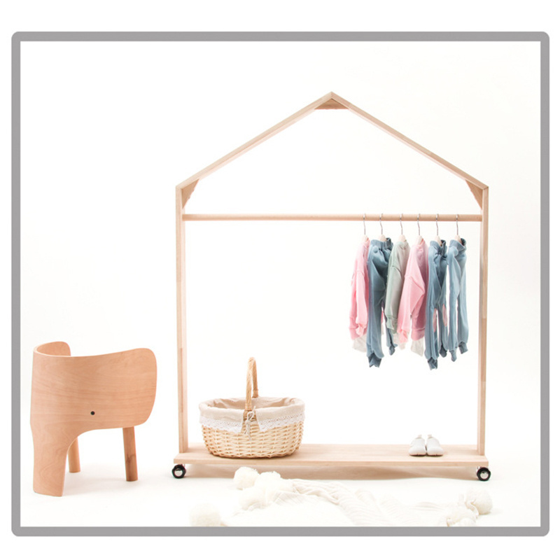 Wood Kids Dress Up Storage Children Wardrobe Kids Clothing Rack with Wheels for Bedroom Wooden Furniture