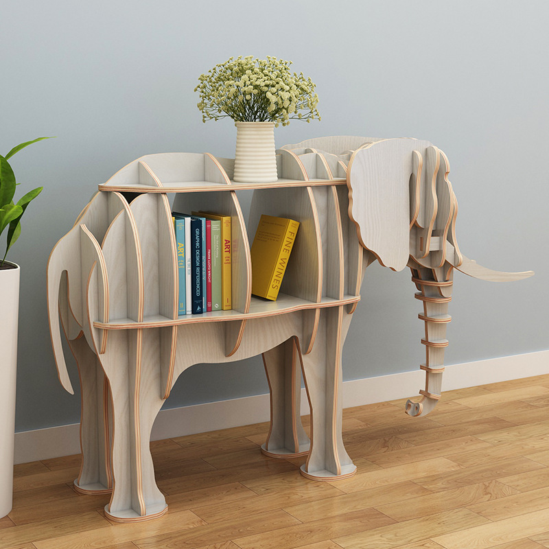 Nordic DIY Wood Elephant Shape Floor Stand Bookshelf Creative Wood Home Decor Plywood Craft 3D Decoration Storage Shelf