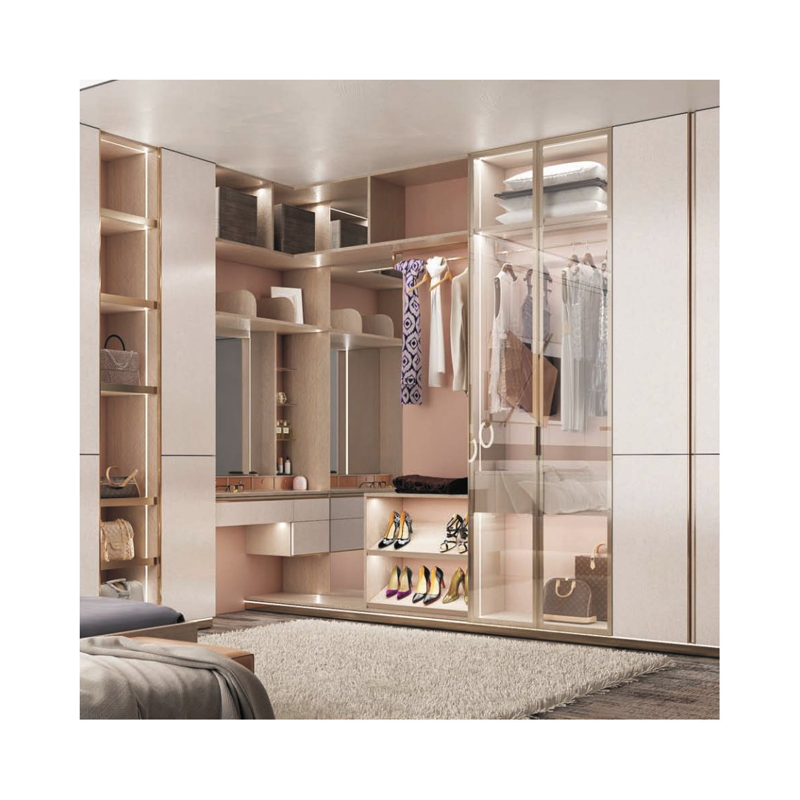 Modern new design glass door wooden walk-in combination wardrobe and closet system