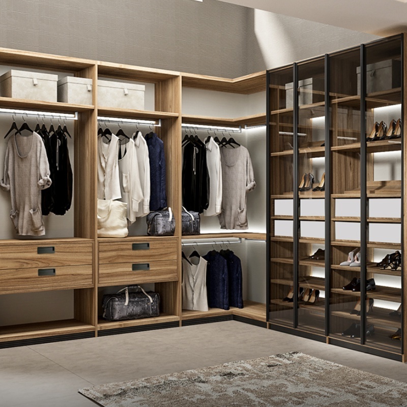 Customized new design walk-in wooden wardrobe closet bedroom furniture combination