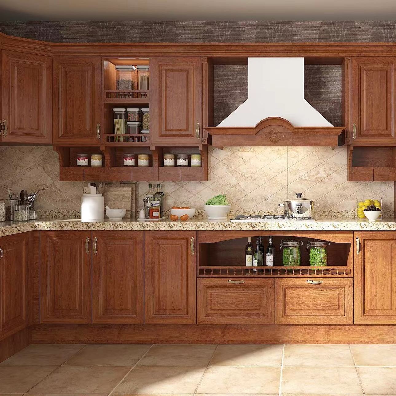 American Style Luxury Design Solid Wooden Kitchen Cabinets With Kitchen Pantry Cupboards For Sale