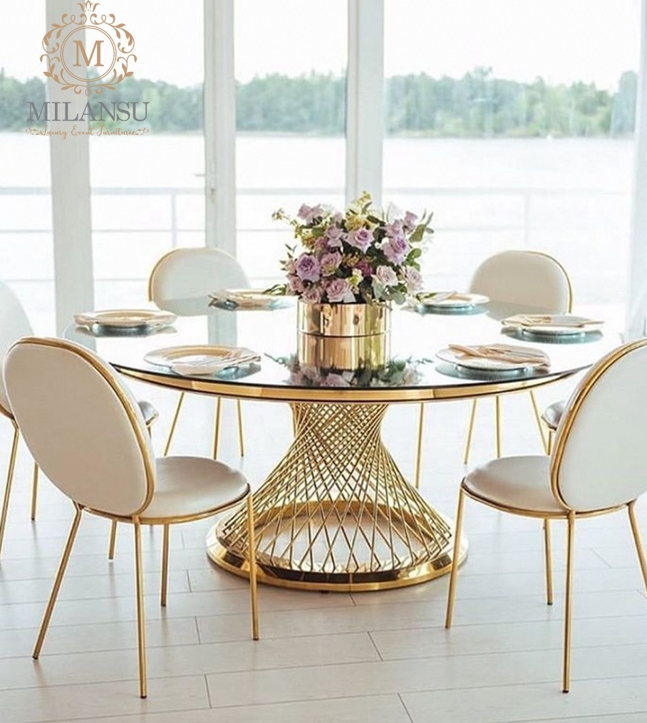 Hot Style Gold Stainless Steel Frame Glass Top Round Banquet Wedding Dining Tables For Wedding And Event