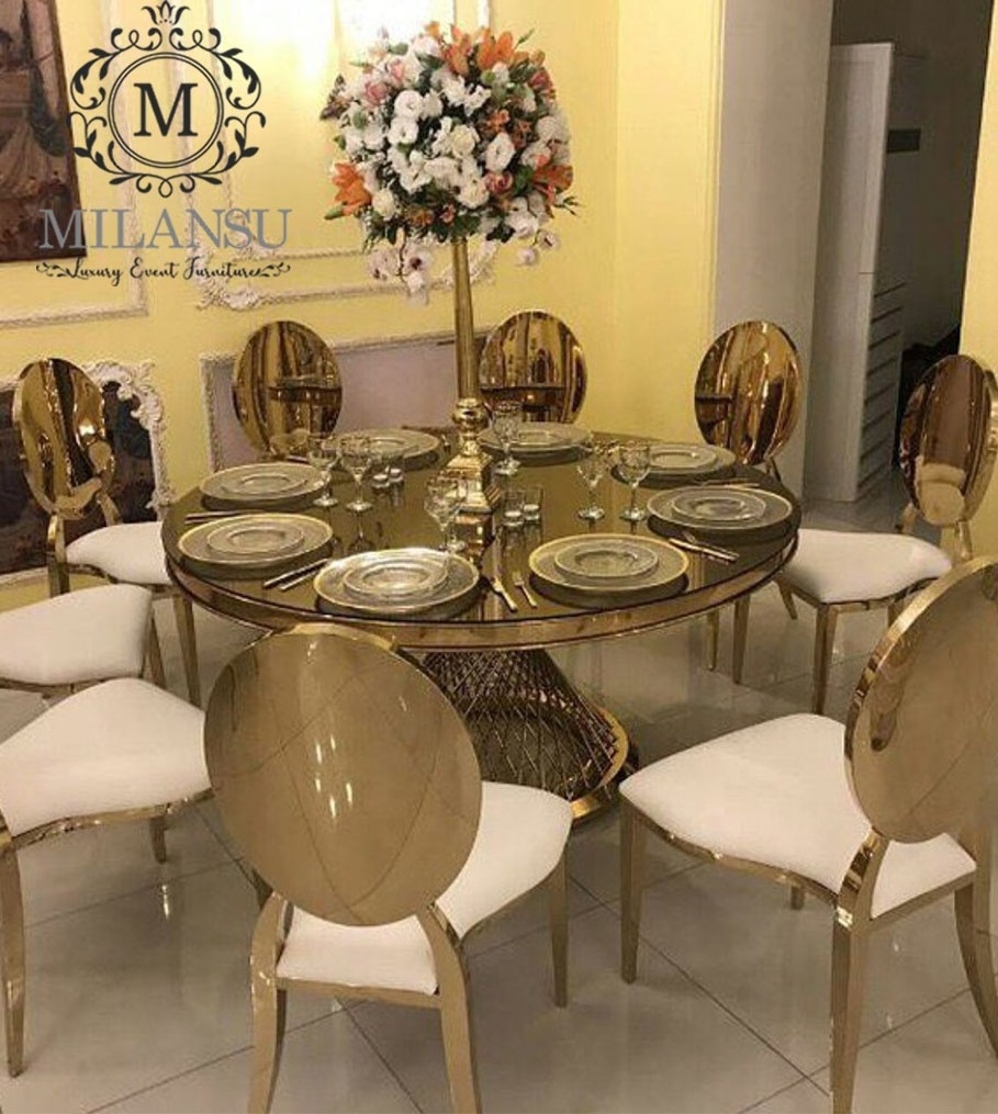 Hot Style Gold Stainless Steel Frame Glass Top Round Banquet Wedding Dining Tables For Wedding And Event