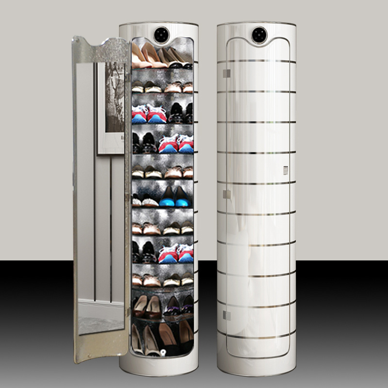 New design living room rotating shoe rack metal belt mirror LED light hot selling adjustable shoe cabinet