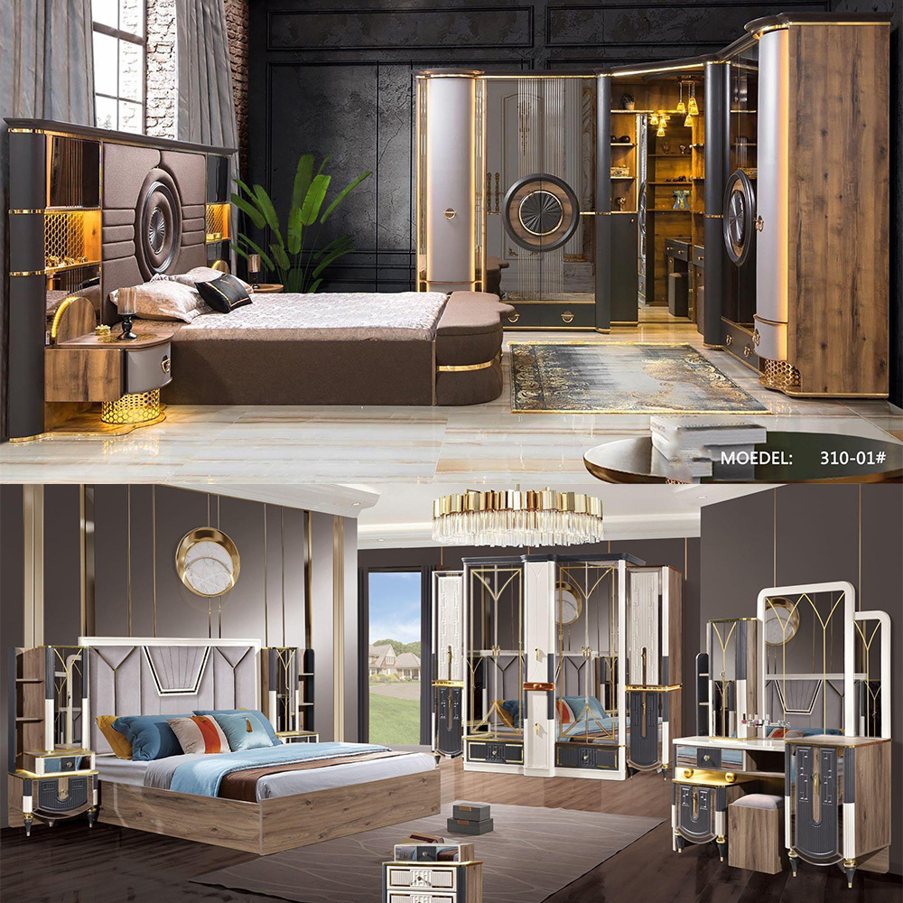 Modern Design 5 Pcs  Luxury King Size  Bed Mdf Bedroom Furniture Set  Large 7Doors Wardrobe  MDF Wooden Bedroom Sets Furniture