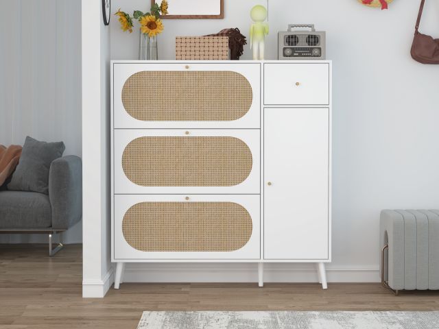 White Rattan Storage oak Cabinet with 3 drawers for bedroom living room Hallway Entryway