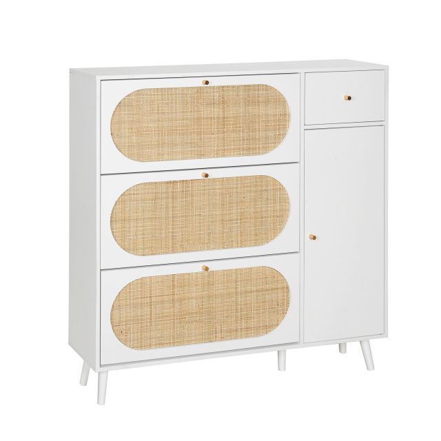 White Rattan Storage oak Cabinet with 3 drawers for bedroom living room Hallway Entryway