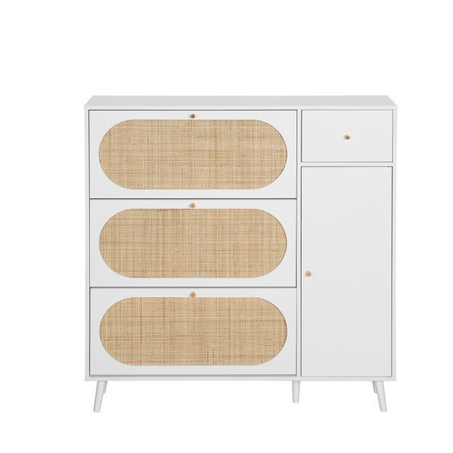 White Rattan Storage oak Cabinet with 3 drawers for bedroom living room Hallway Entryway