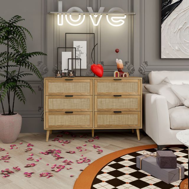 Living room Modern rattan 6 Drawers Wood Storage cabinet furniture wood dresser for bedroom