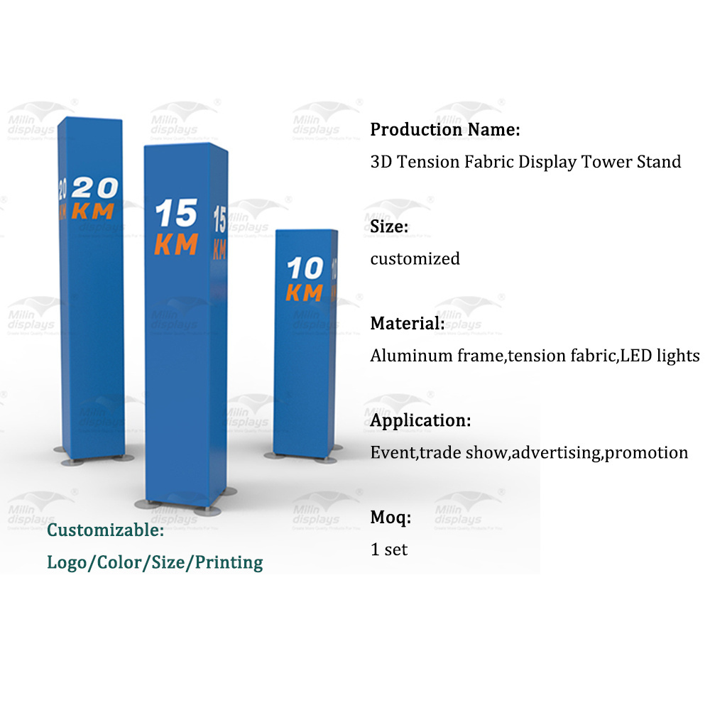 Custom Printing Expo Modular LED Backlit Tradeshow Pillar Cube 3D Tension Fabric Display Tower Stand