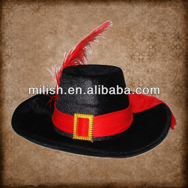 Funny Plush Halloween Black Musketeer Hat with ostrich feather /Puss Boots Hat MH-1619