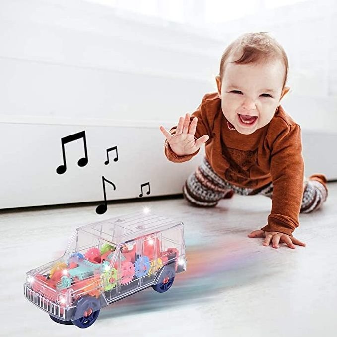 Light up Battery Off-Road Vehicles Plastic Toys Bus Transparent Gear Buses with LED Flashing Light and Music for Kids