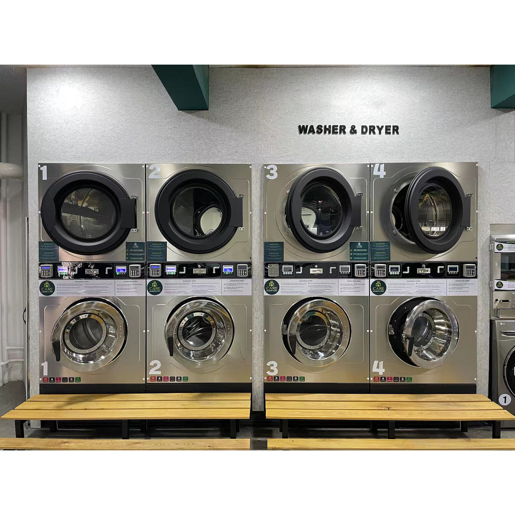 Laundromat commercial laundry machine , 12-25kg fully automatic coin/card operated stacked washing machine and drying machine