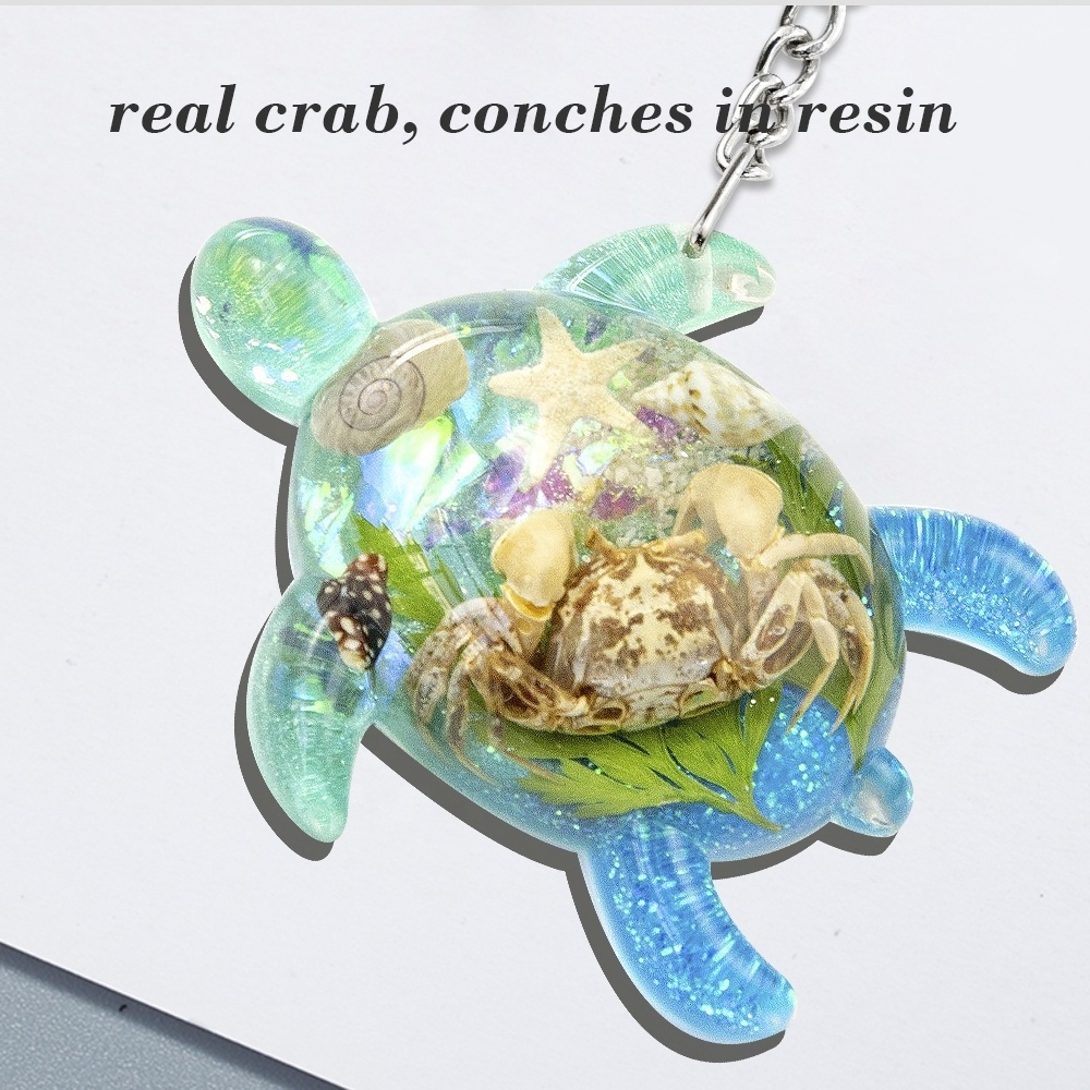 natural real crab in clear resin marine style ocean theme Tortoise turtle shape fancy cute custom promotional metal Keychains