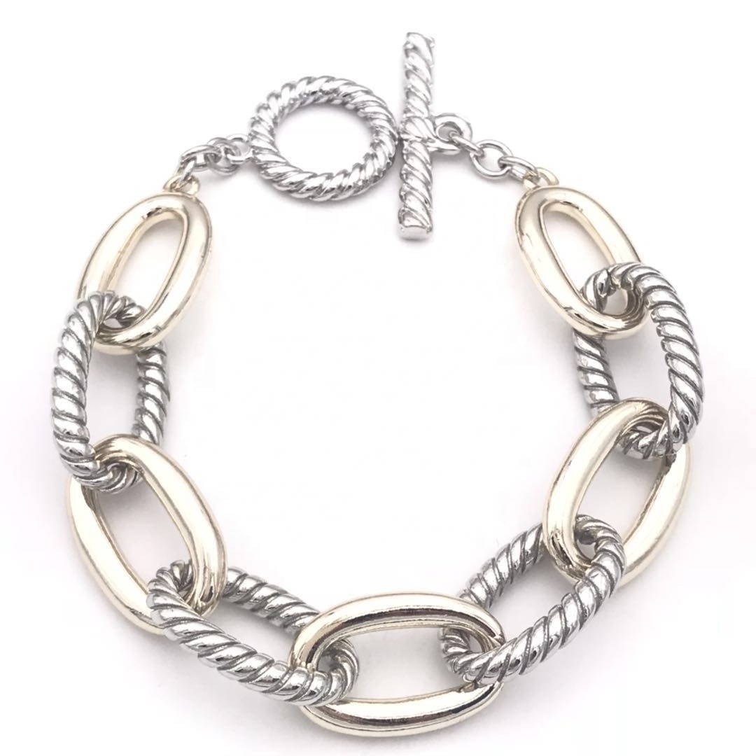 TB027 Best seller - Real Gold Plated Two Tone  Cable Link Chain Toggle Bracelet