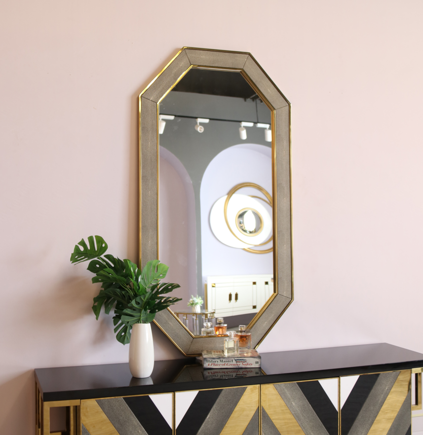 Hot sale high quality light luxury leather shagreen framed metal wall art hexagon large wall mirrors