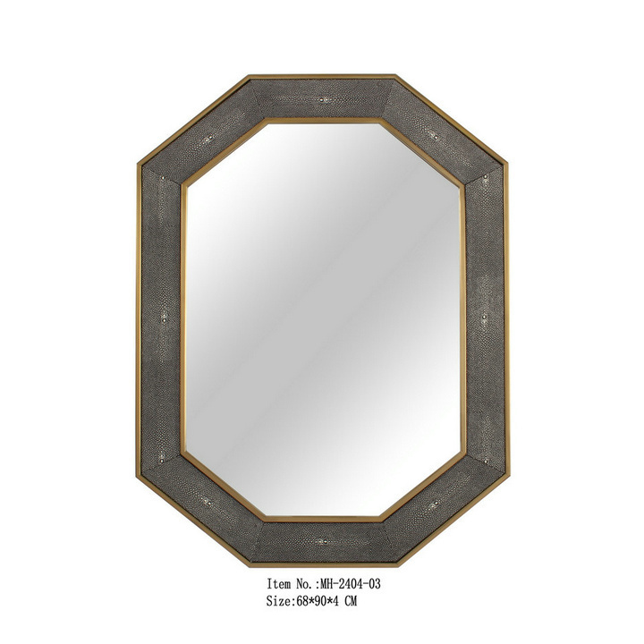 Hot sale high quality light luxury leather shagreen framed metal wall art hexagon large wall mirrors