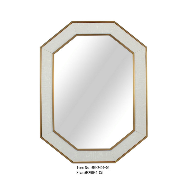 Hot sale high quality light luxury leather shagreen framed metal wall art hexagon large wall mirrors