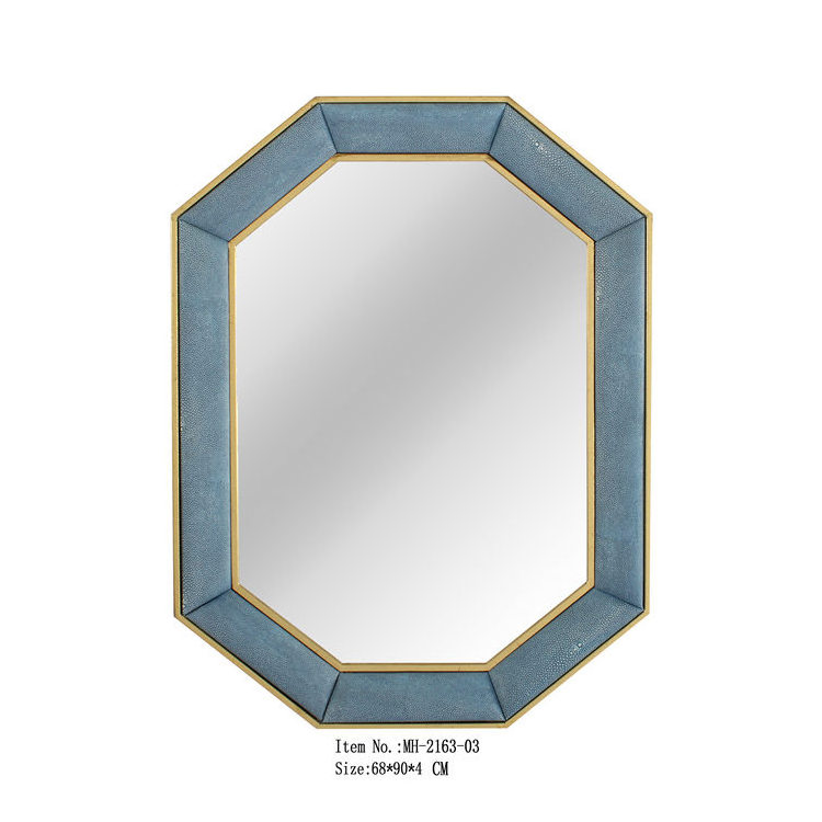 Hot sale high quality light luxury leather shagreen framed metal wall art hexagon large wall mirrors