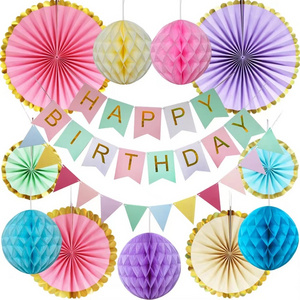 Birthday Party Decorations Pack Colorful Happy Birthday Banner Honeycomb Balls Confetti and Hanging Swirl for Party Decoration